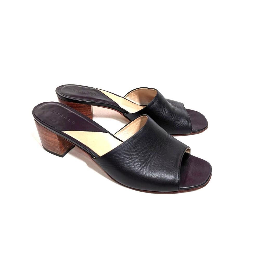 Nisolo Elizabeth Black Leather Slides Block Heel Sandals Open Toe 9.5 Preowned - Picture 2 of 13